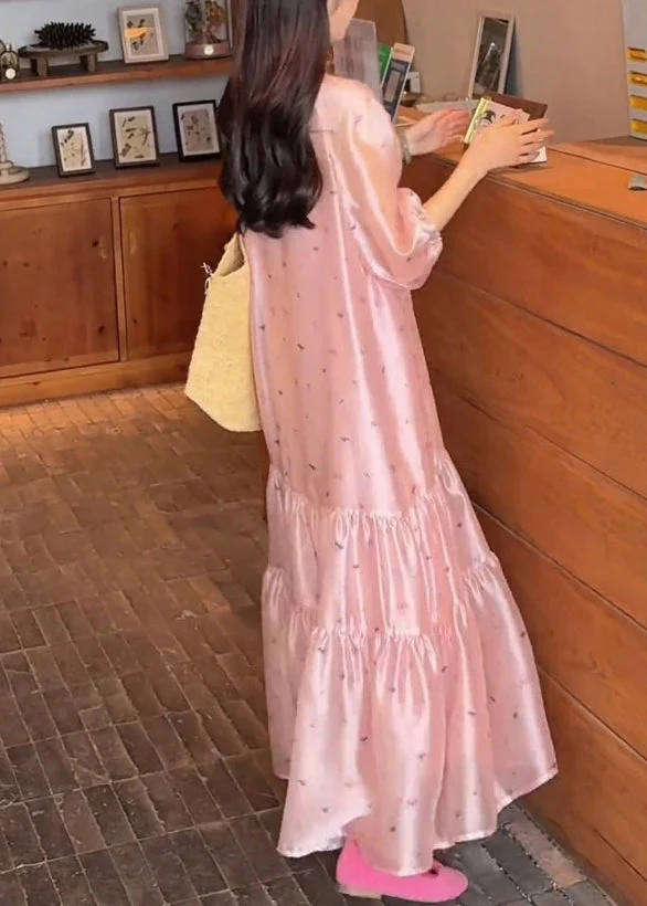 Fine Pink O-Neck Print Silk Long Dress Bracelet Sleeve - Image 4