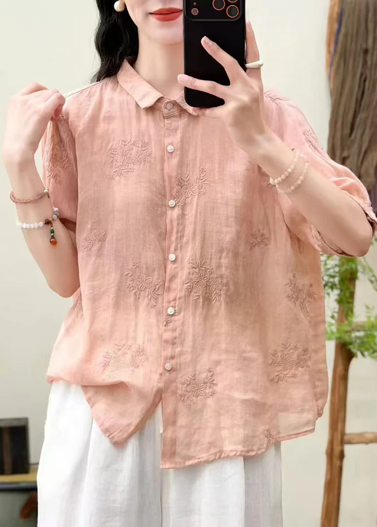 Fine Pink Oversized Embroidered Linen Tops Summer - Image 2