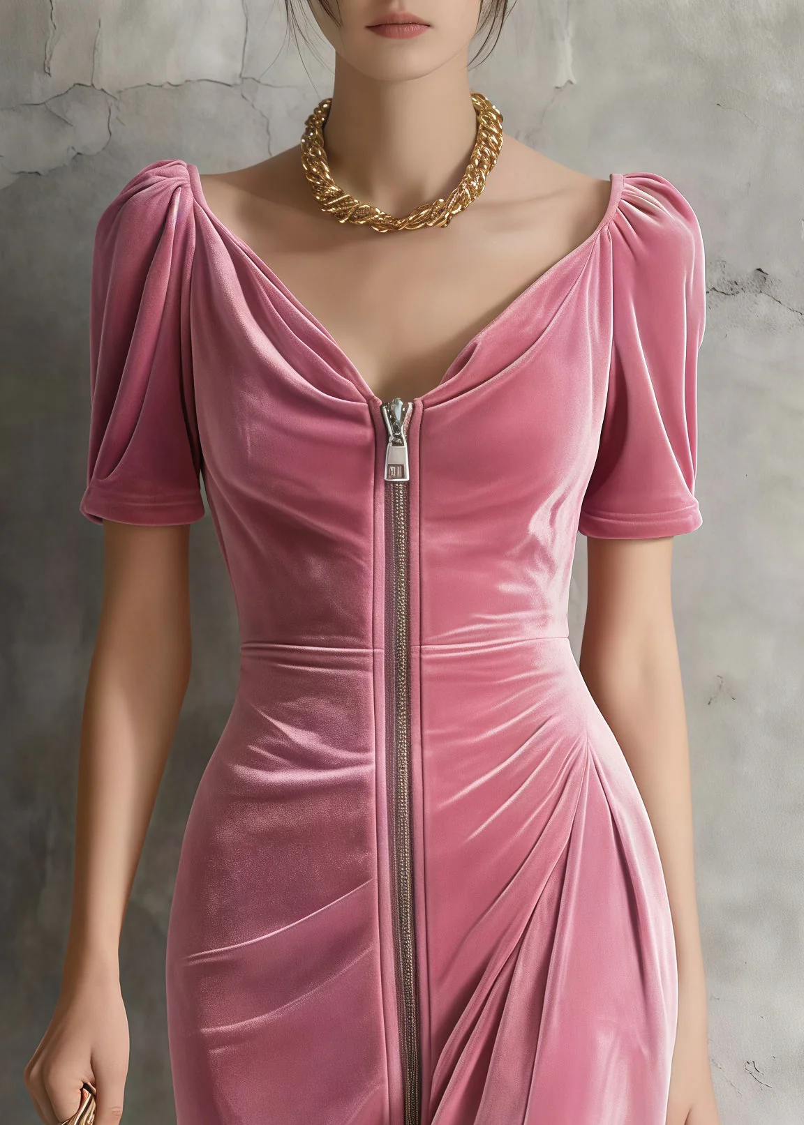 Fine Pink Puff Sleeve Zippered Silk Velvet Tea Dresses - Image 2