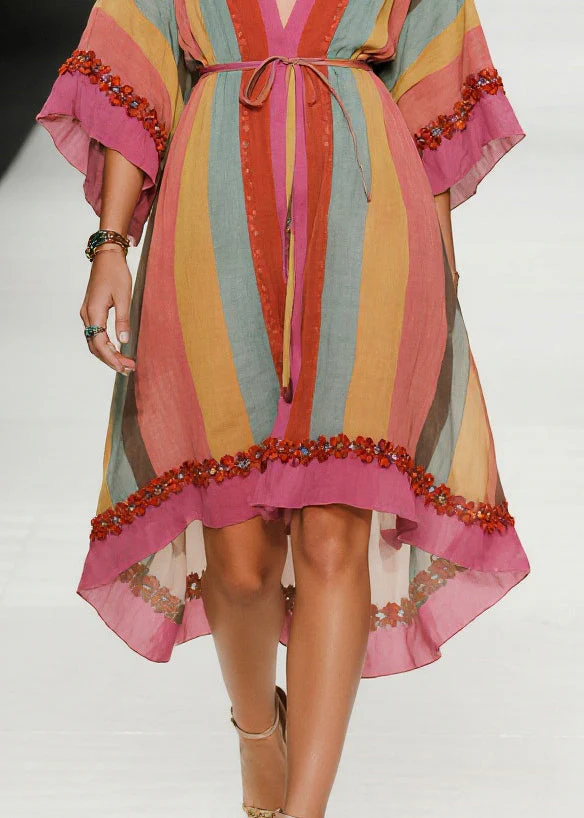 Fine Pink Ruffled Striped Cotton Tunic Dress Bracelet Sleeve - Image 4