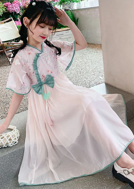 Fine Pink Ruffled Tasseled Patchwork Chiffon Kids Girls Dress Summer - Image 5