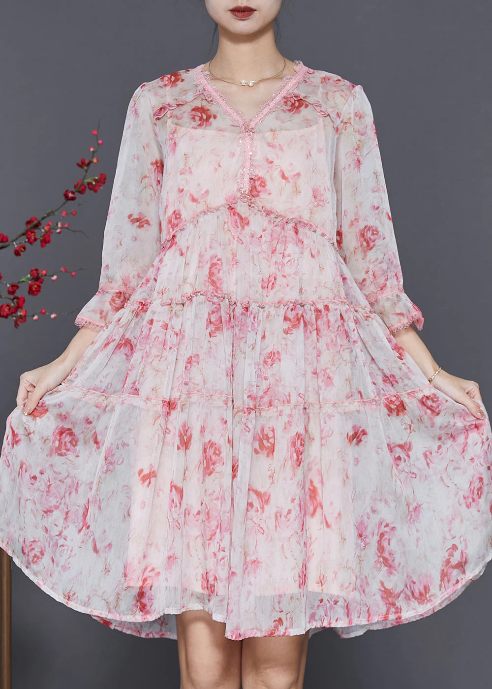 Fine Pink Ruffled Tie Dye Chiffon Mid Dress Summer - Image 2