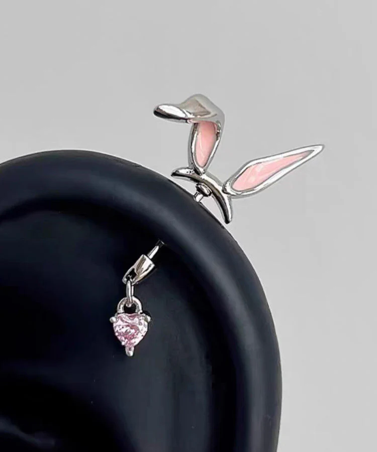 Fine Pink Stainless Steel Little Rabbit Arc Love Single Stud Earrings - Image 2