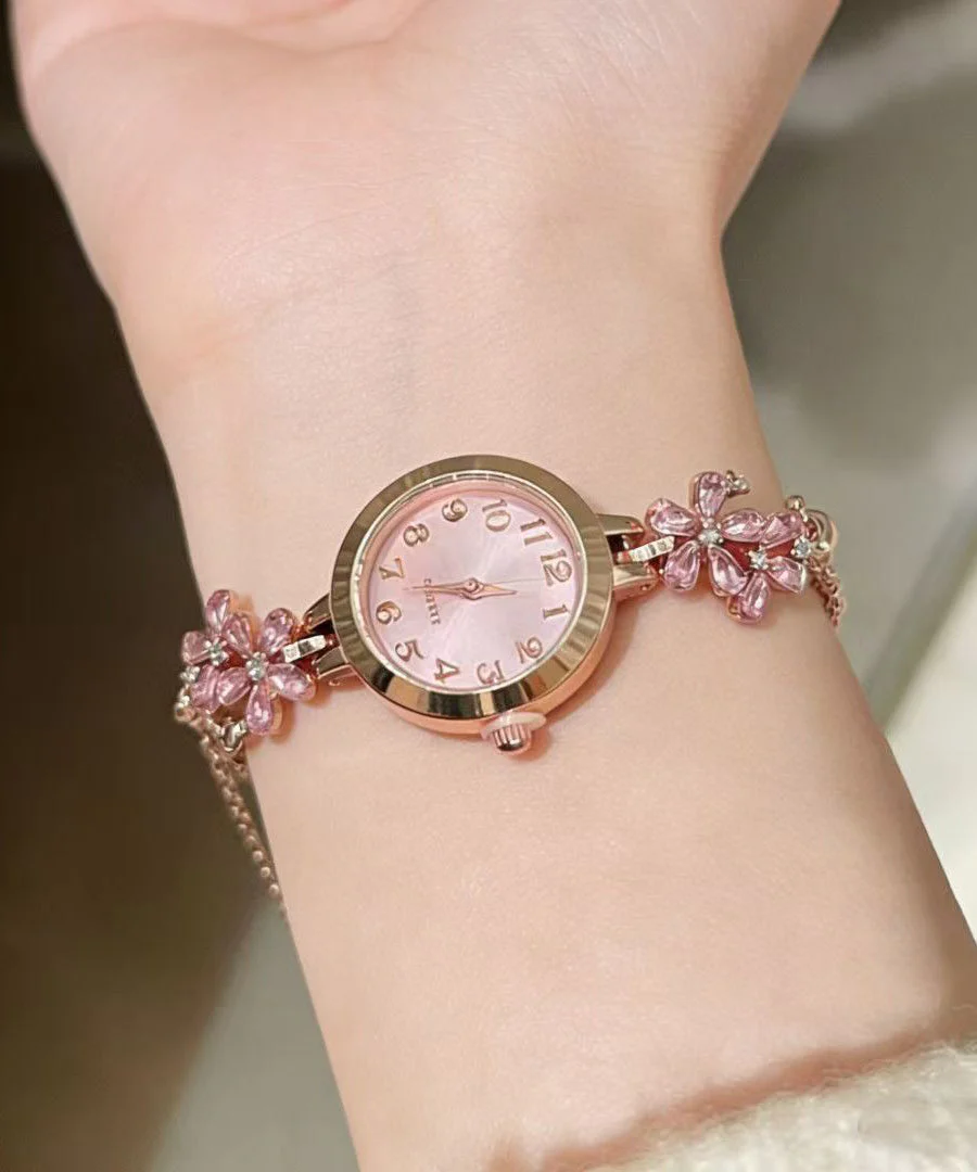 Fine Pink Stainless Steel Zircon Floral Retractable Watches - Image 3