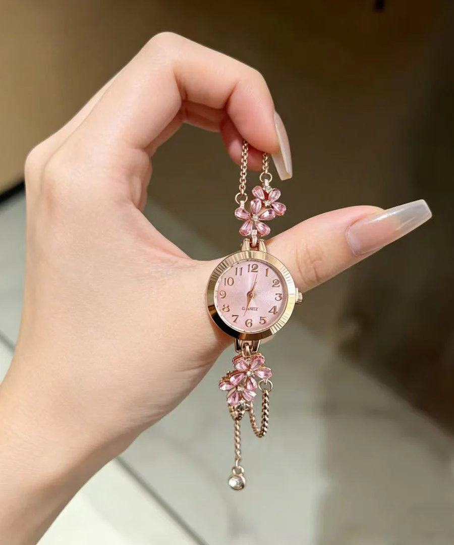 Fine Pink Stainless Steel Zircon Floral Retractable Watches - Image 4