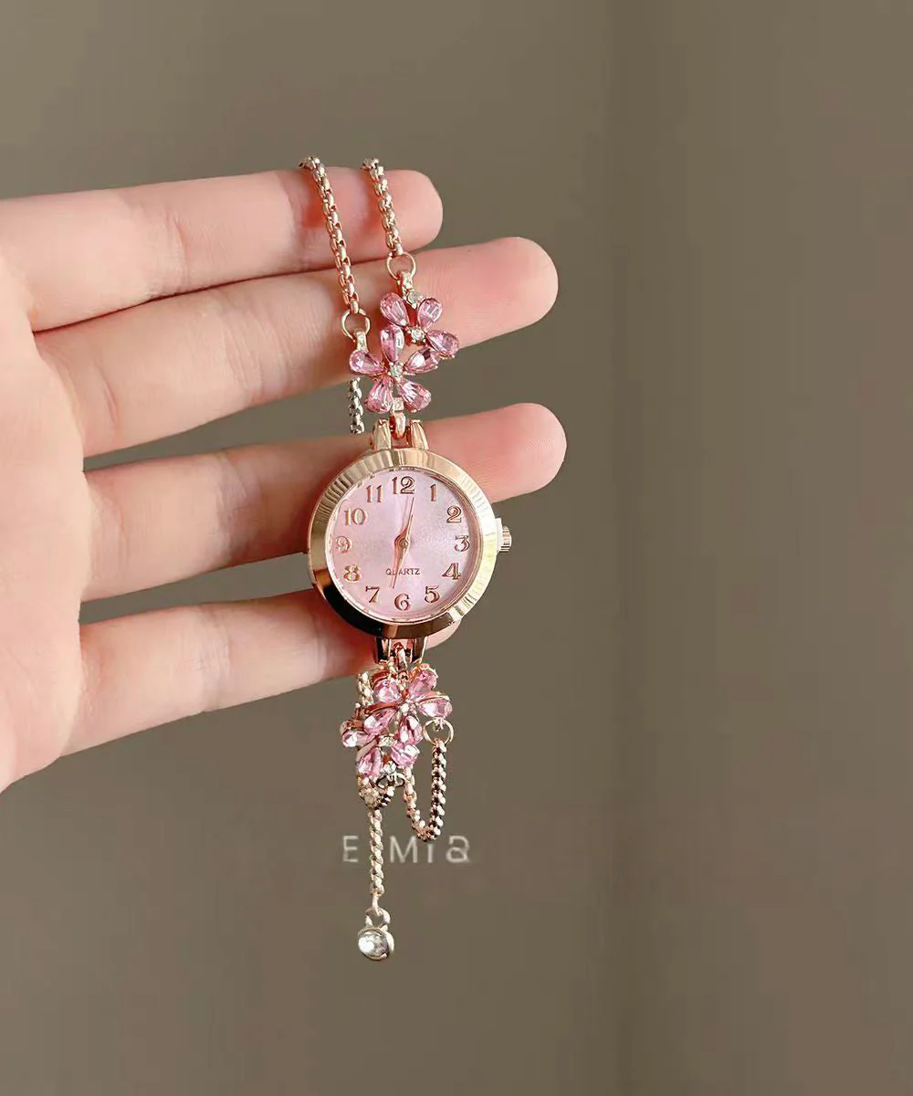 Fine Pink Stainless Steel Zircon Floral Retractable Watches - Image 5