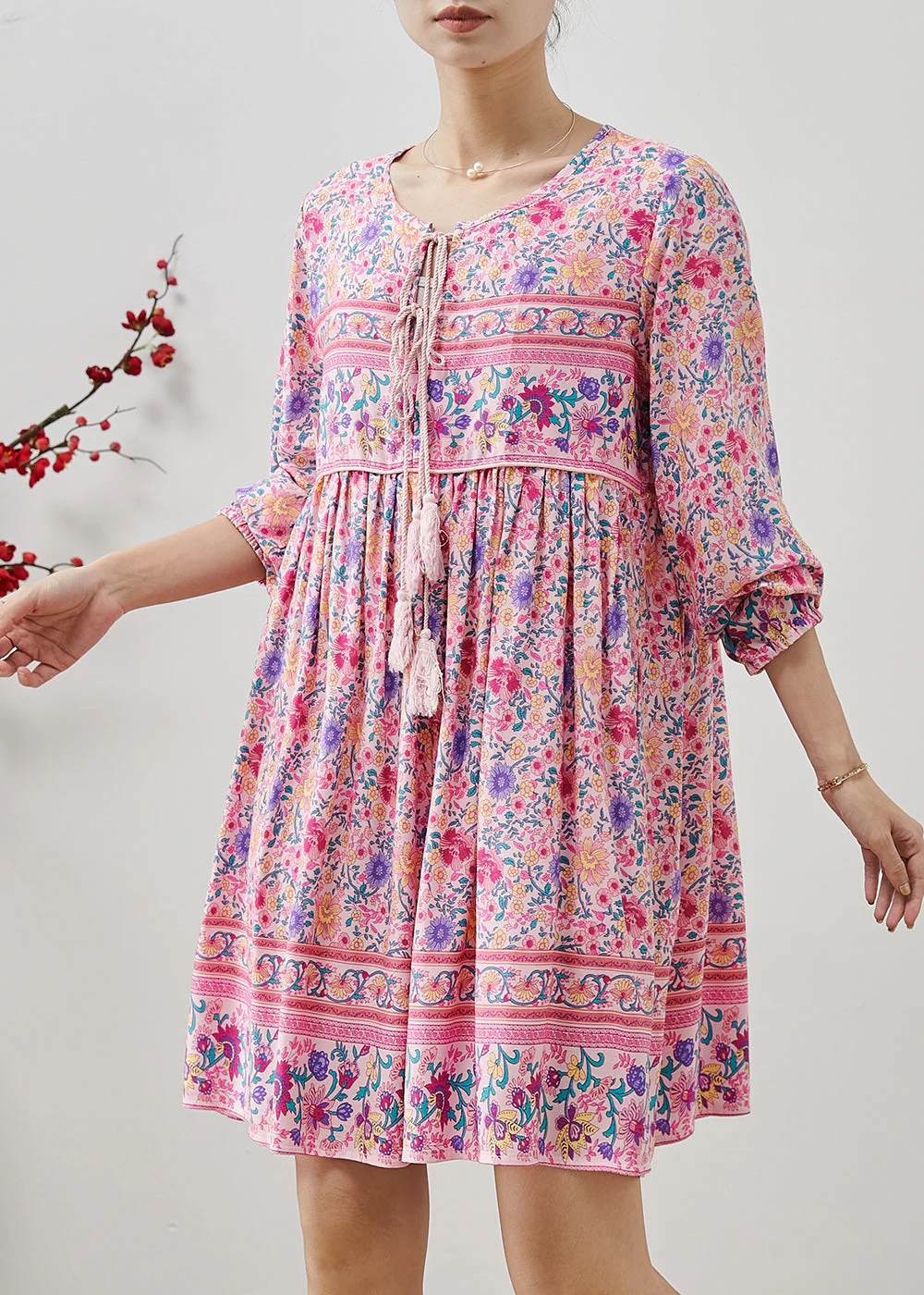 Fine Pink Tasseled Print Cotton Beach Dresses Fall - Image 3