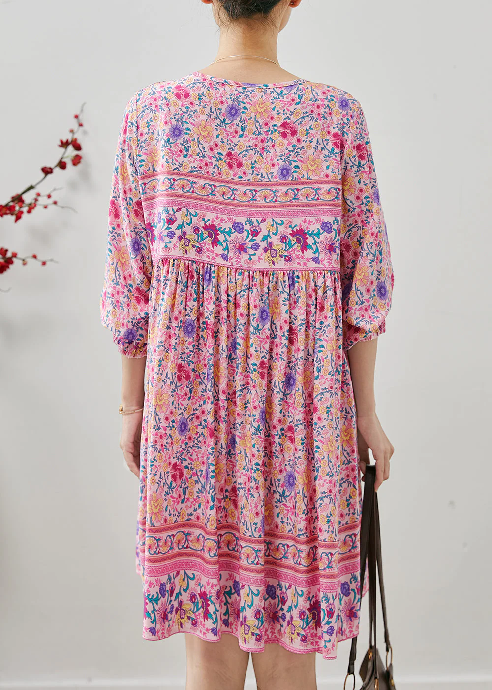 Fine Pink Tasseled Print Cotton Beach Dresses Fall - Image 4