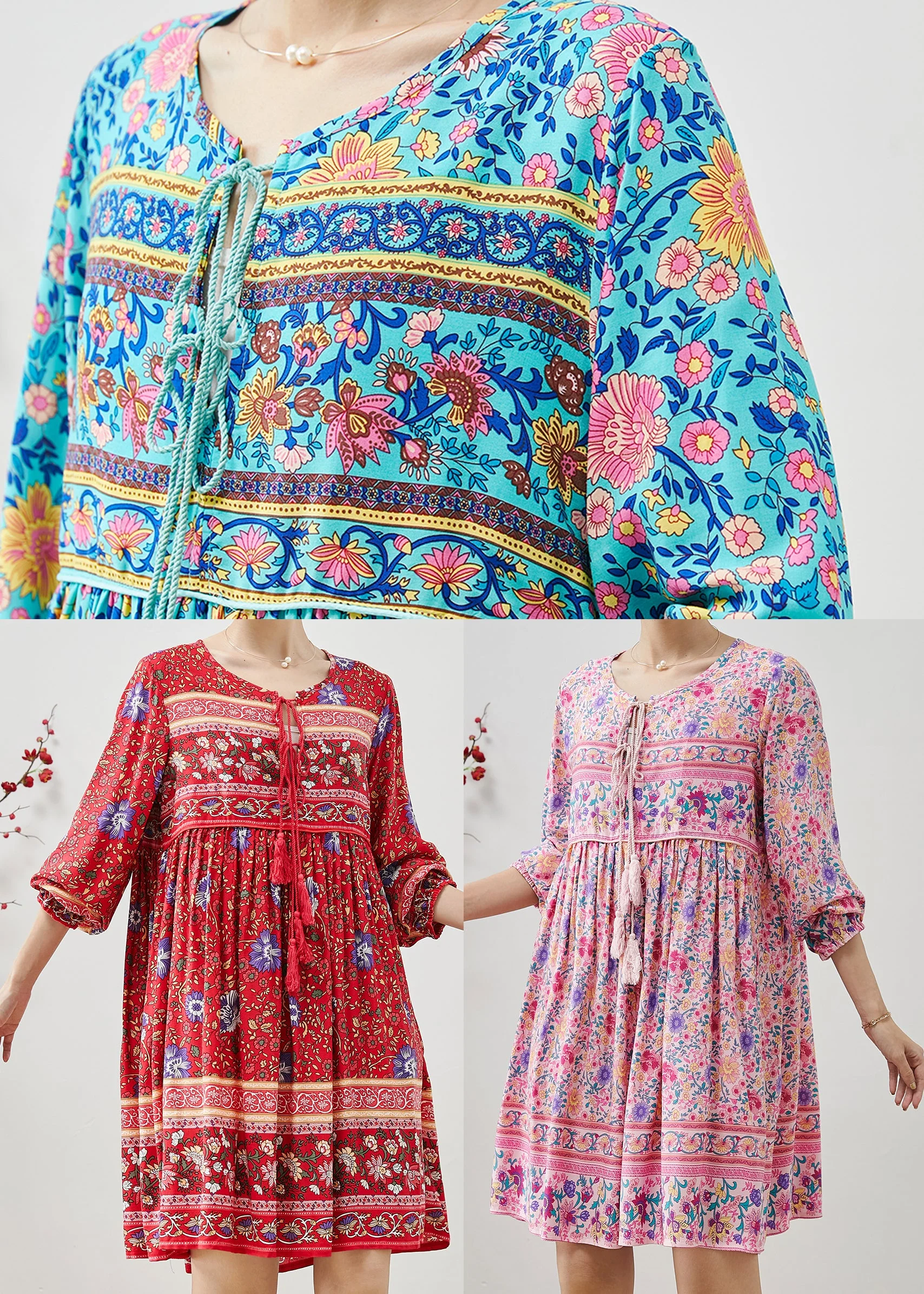 Fine Pink Tasseled Print Cotton Beach Dresses Fall - Image 5