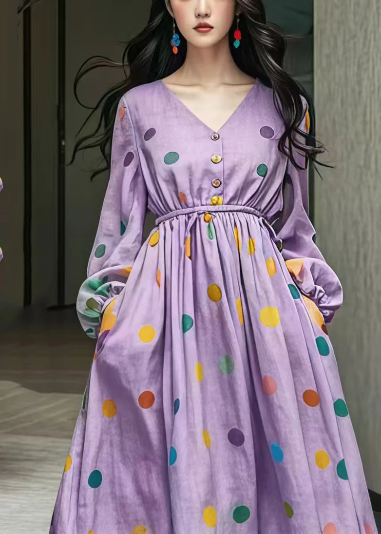 Fine Purple Cinched Print Exra Large Hem Cotton Dress Fall - Image 2