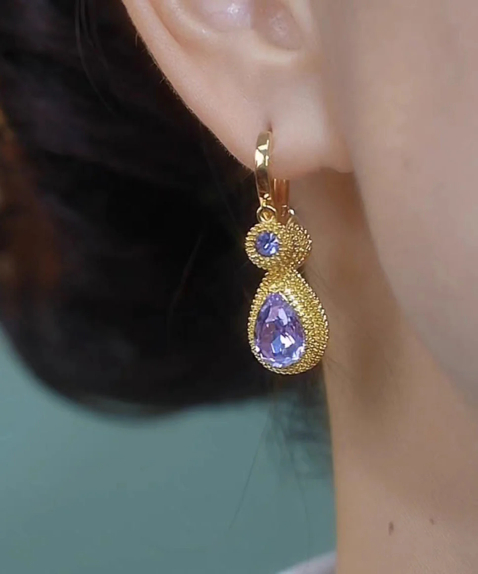Fine Purple Copper Alloy Zircon Crystal Pomegranate Water Droplet Drop Earrings - Image 3