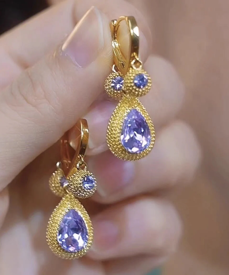 Fine Purple Copper Alloy Zircon Crystal Pomegranate Water Droplet Drop Earrings - Image 5