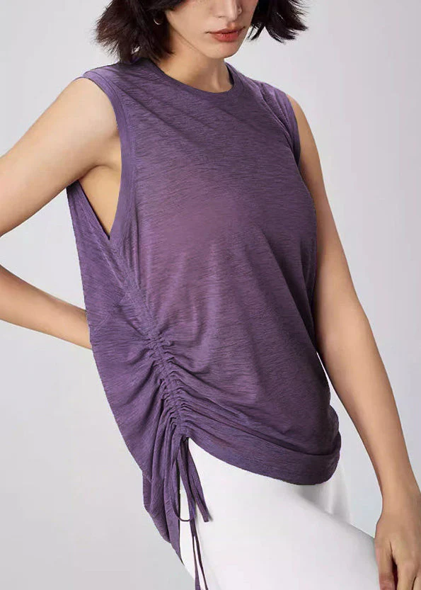 Fine Purple Drawstring Cotton Beach Vest Sleeveless - Image 2
