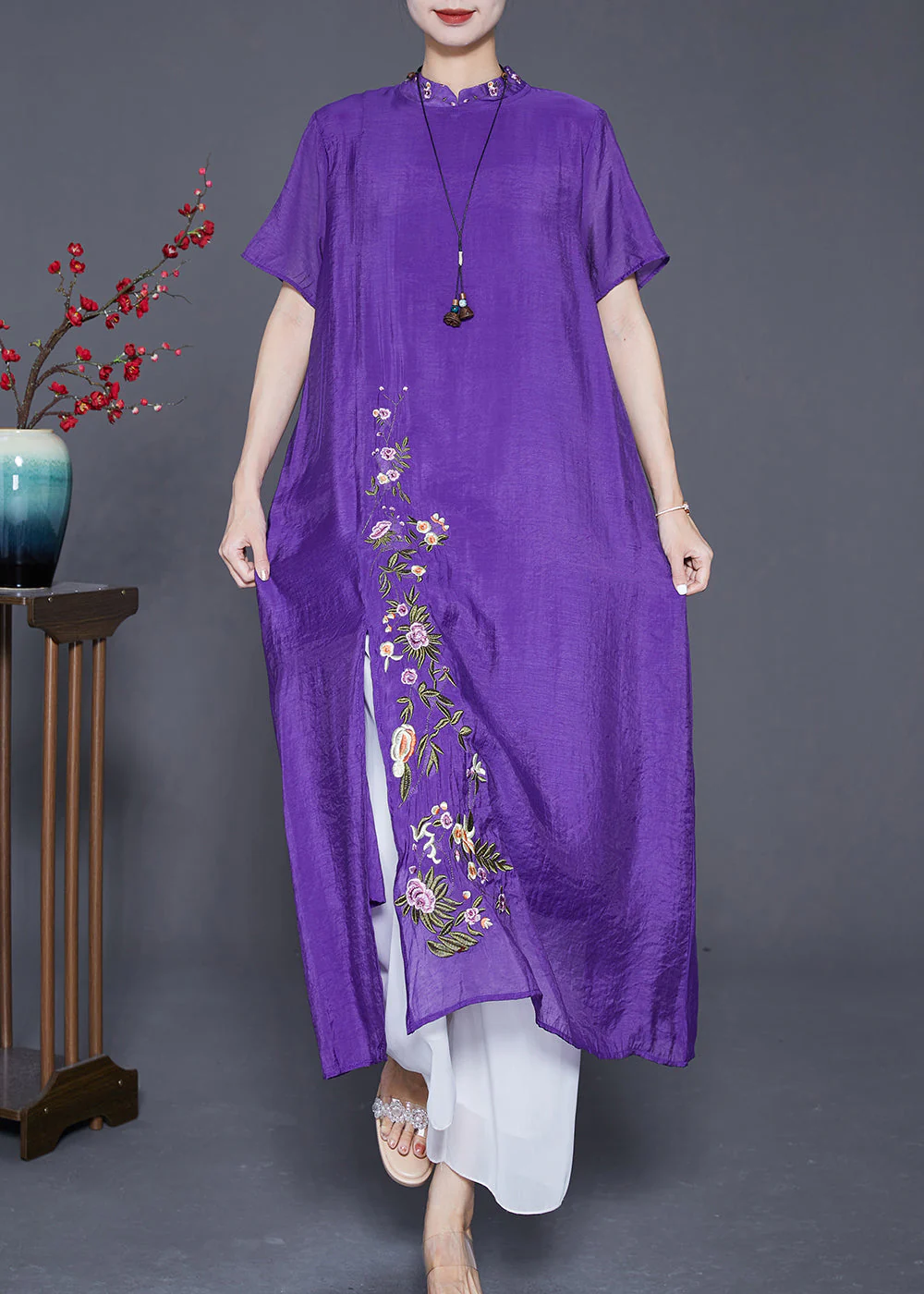 Fine Purple Embroideried Side Open Linen Silk Dresses Summer - Image 2