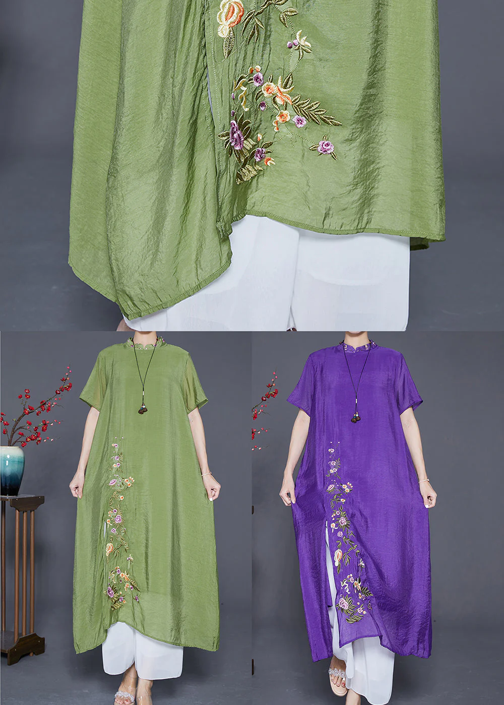 Fine Purple Embroideried Side Open Linen Silk Dresses Summer - Image 5