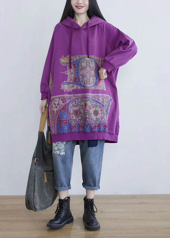 Fine Purple Hooded Print Cotton Mid Dress Spring - Image 2