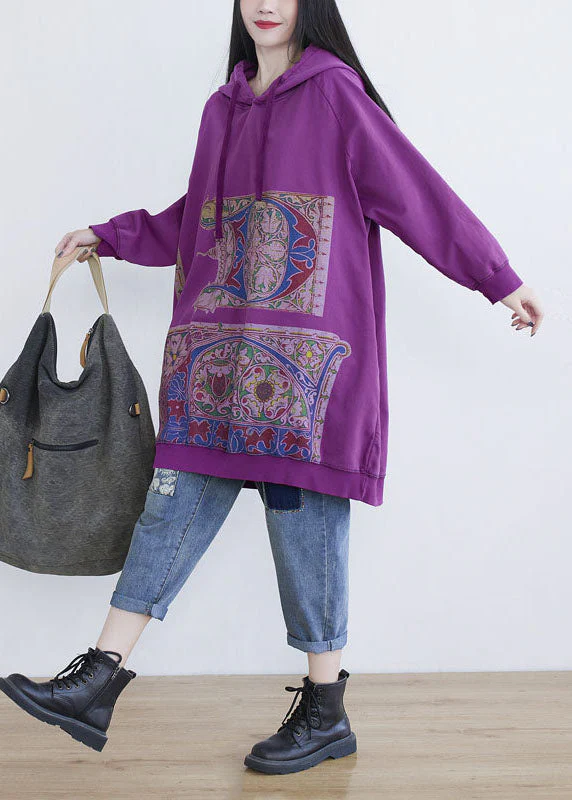 Fine Purple Hooded Print Cotton Mid Dress Spring - Image 3