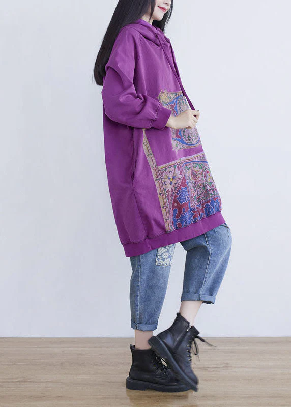 Fine Purple Hooded Print Cotton Mid Dress Spring - Image 4
