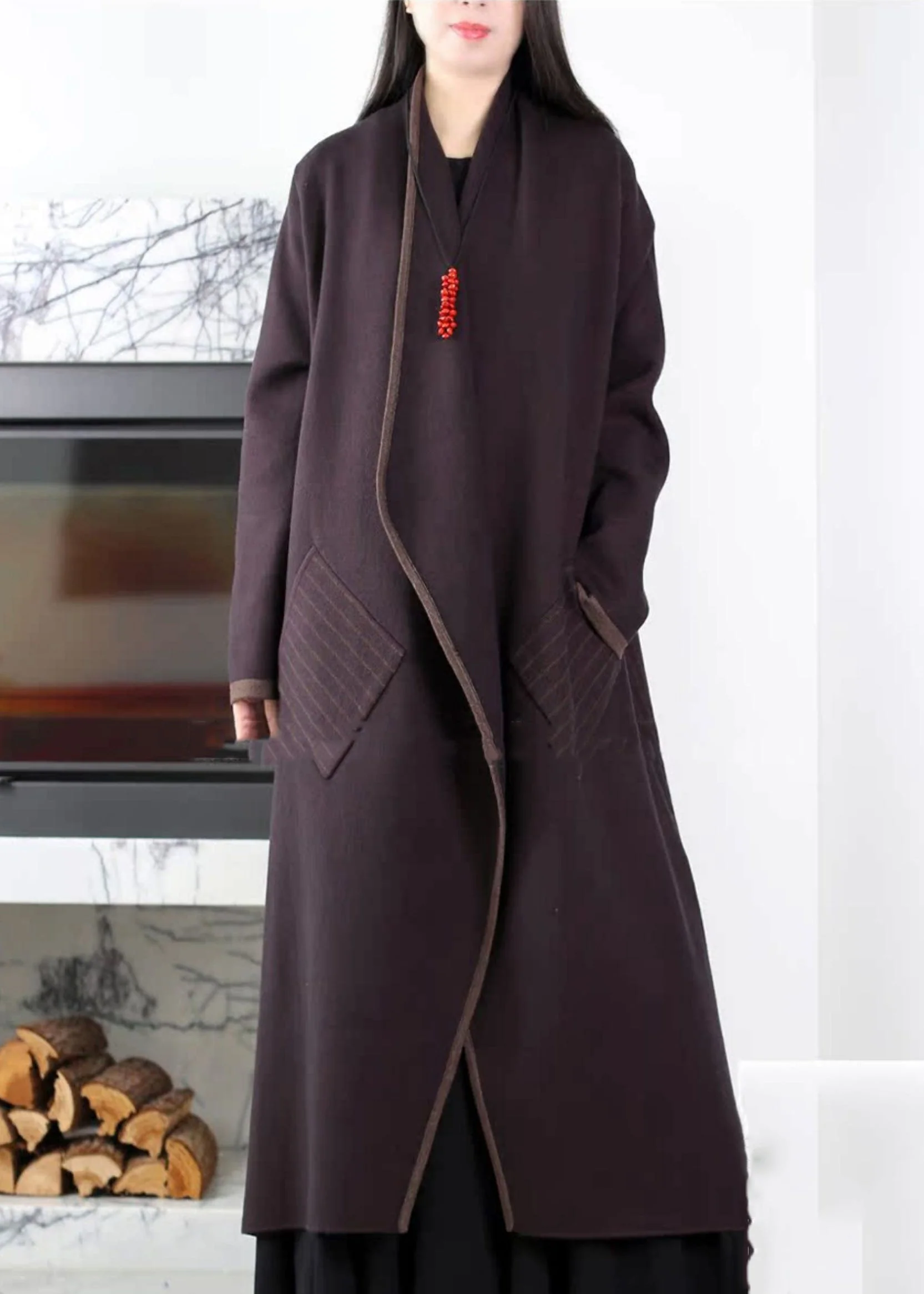 Fine Purple Oversized Patchwork Pockets Knit Trench Coats Winter - Image 2