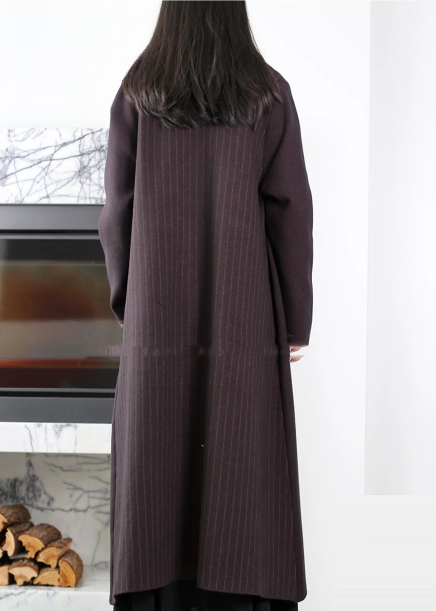 Fine Purple Oversized Patchwork Pockets Knit Trench Coats Winter - Image 3
