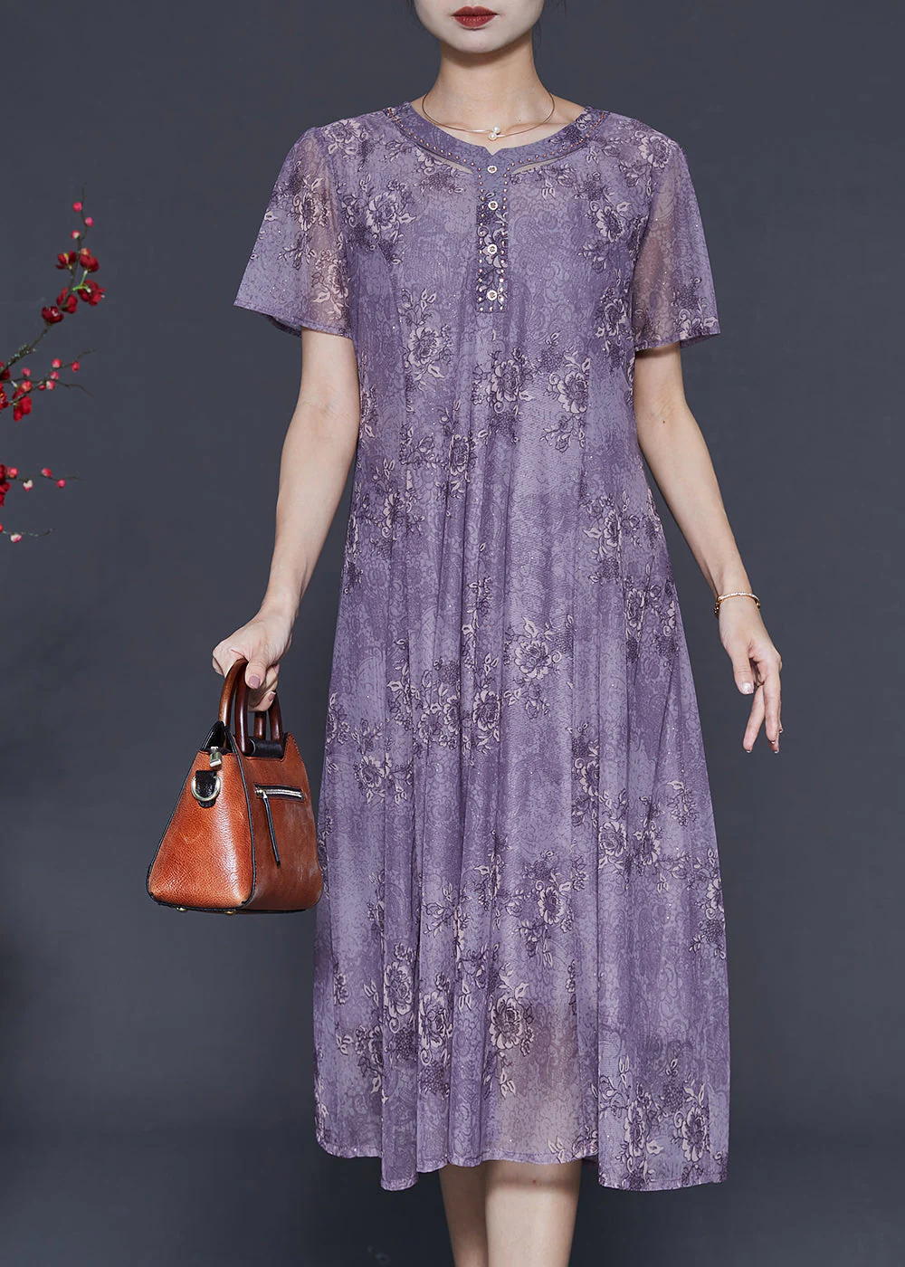 Fine Purple Print Chiffon Holiday Dress Summer - Image 2