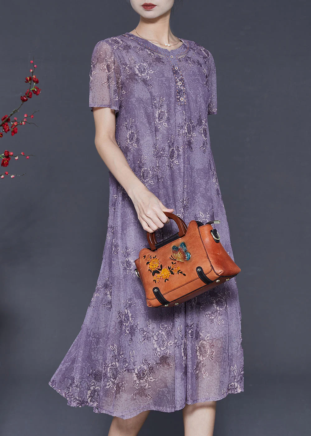 Fine Purple Print Chiffon Holiday Dress Summer - Image 3