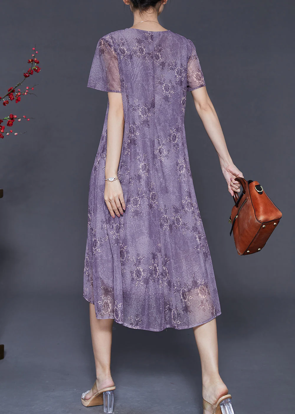 Fine Purple Print Chiffon Holiday Dress Summer - Image 4