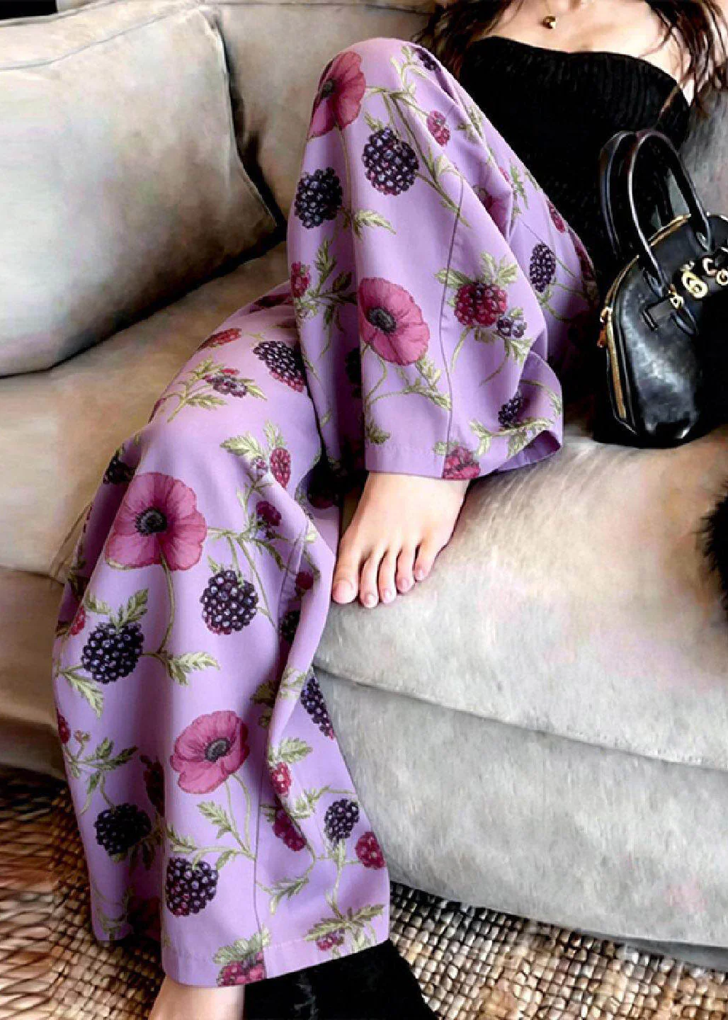 Fine Purple Print Wide Leg Pants Summer - Image 3