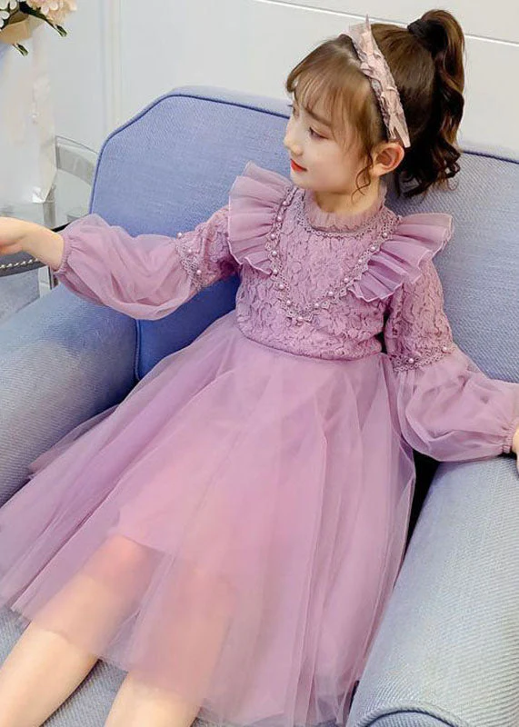 Fine Purple Ruffled Lace PatchworkNail Bead Tulle Girls Maxi Dresses Fall - Image 5
