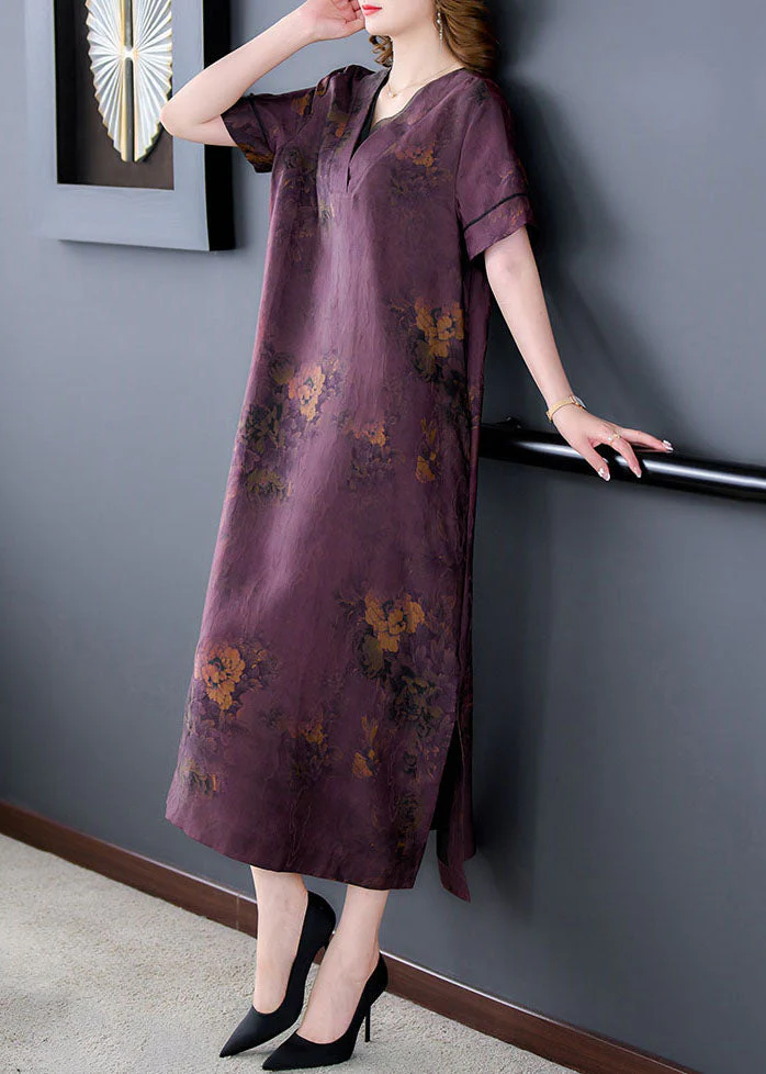 Fine Purple V Neck Print Patchwork Silk Long Dresses Summer - Image 3