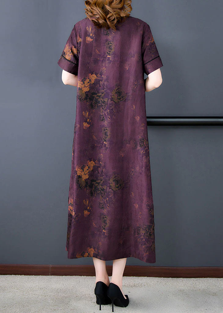 Fine Purple V Neck Print Patchwork Silk Long Dresses Summer - Image 4