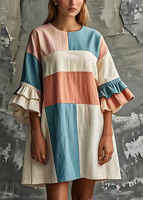 Fine Rainbow O-Neck Patchwork Cotton Robe Dresses Flare Sleeve - Image 2
