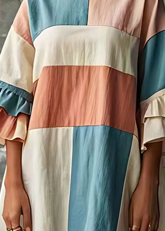 Fine Rainbow O-Neck Patchwork Cotton Robe Dresses Flare Sleeve - Image 4