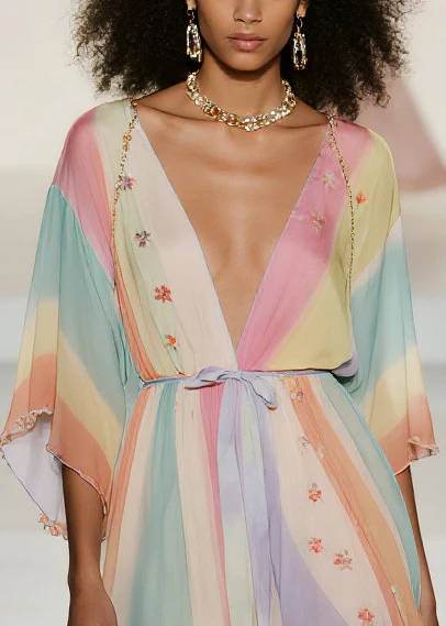Fine Rainbow Tie Waist Print Chiffon Holiday Dress Summer - Image 2