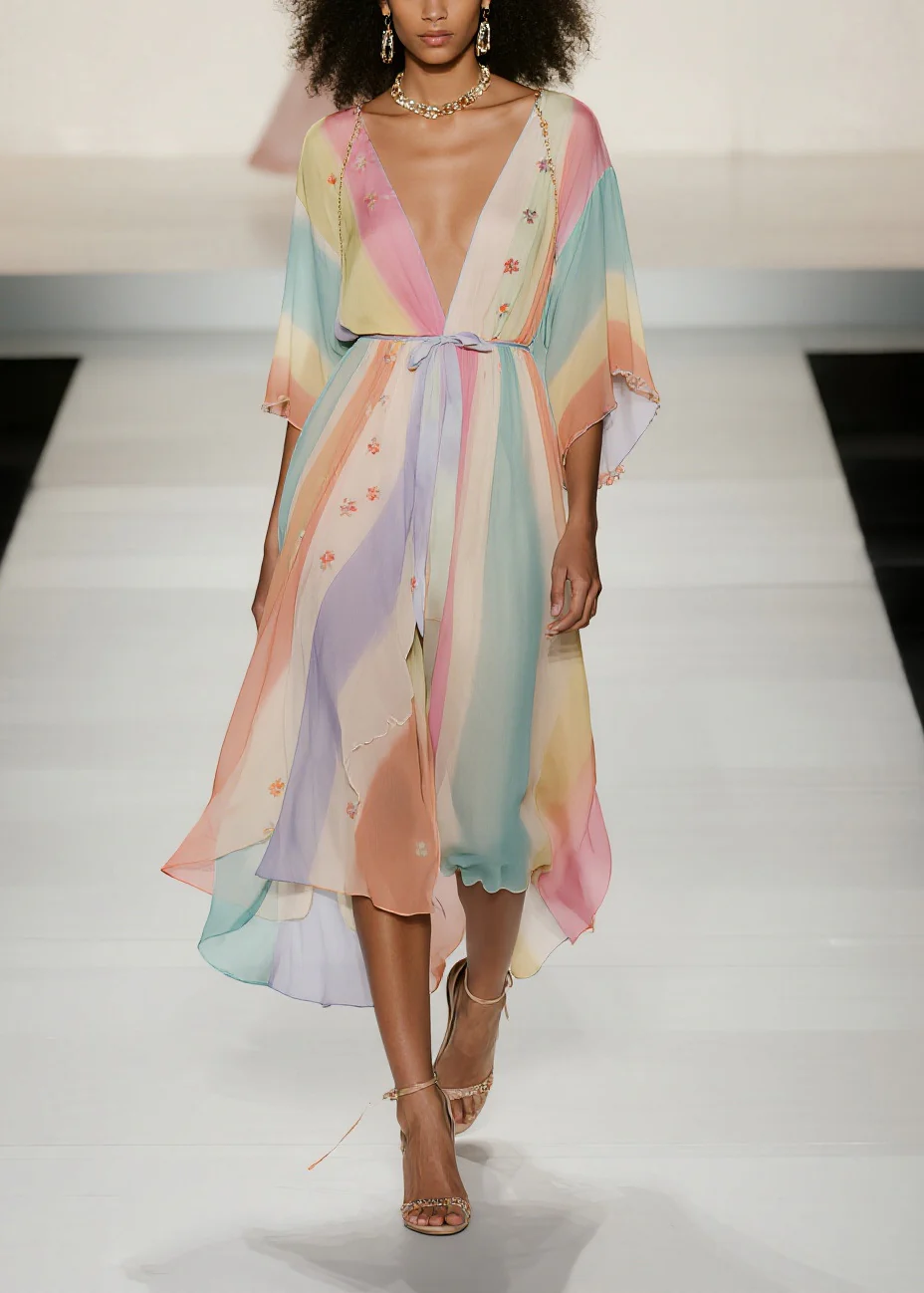 Fine Rainbow Tie Waist Print Chiffon Holiday Dress Summer - Image 3