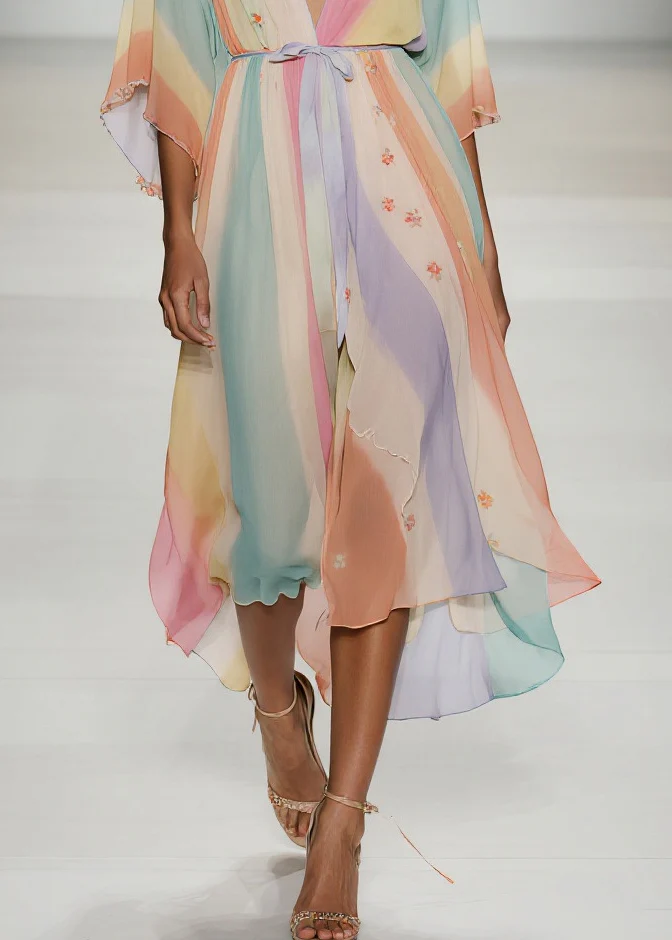 Fine Rainbow Tie Waist Print Chiffon Holiday Dress Summer - Image 4