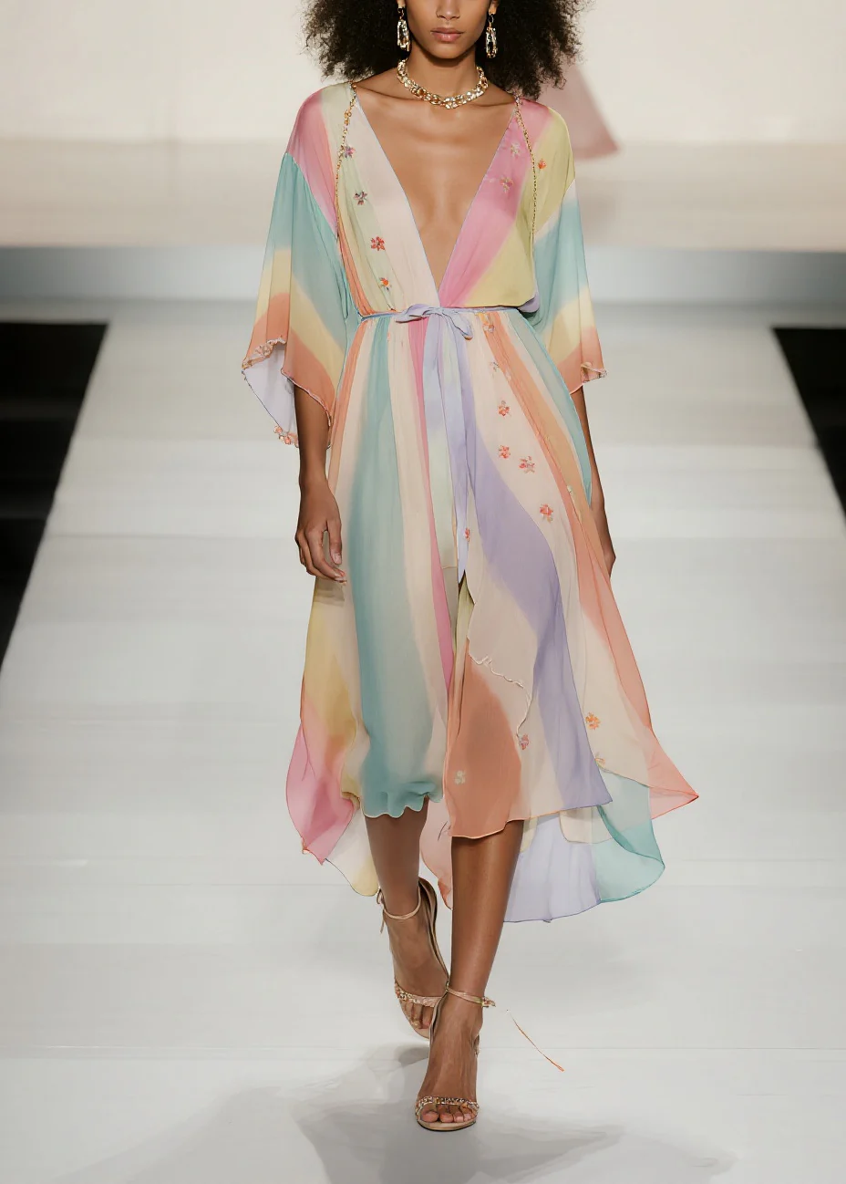 Fine Rainbow Tie Waist Print Chiffon Holiday Dress Summer - Image 5