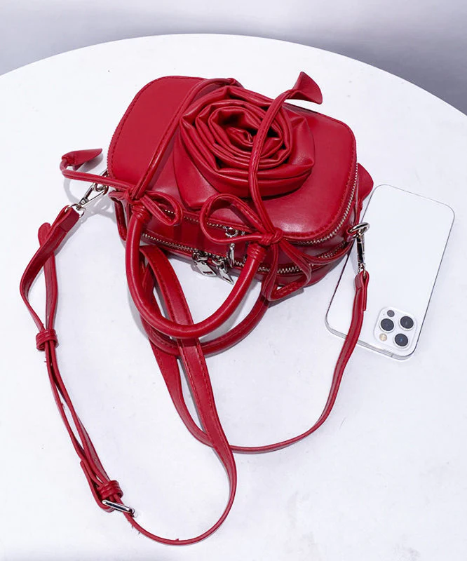 Fine Red 3D Flower Solid Durable Faux Leather Tote Handbag - Image 3