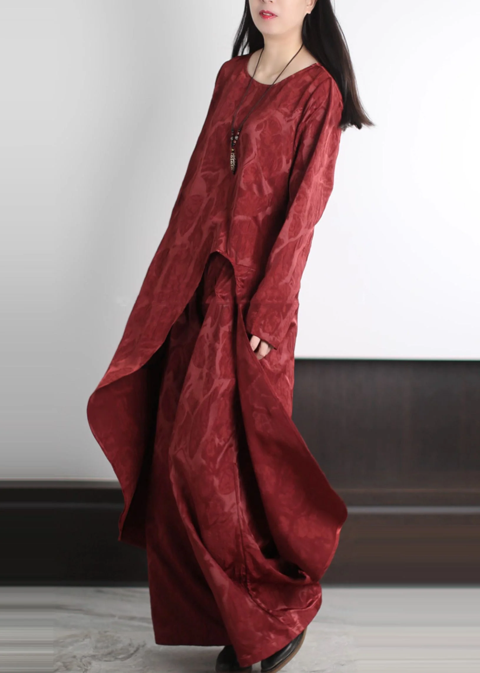 Fine Red Asymmetrical Jacquard Silk Two Pieces Set Spring - Image 2