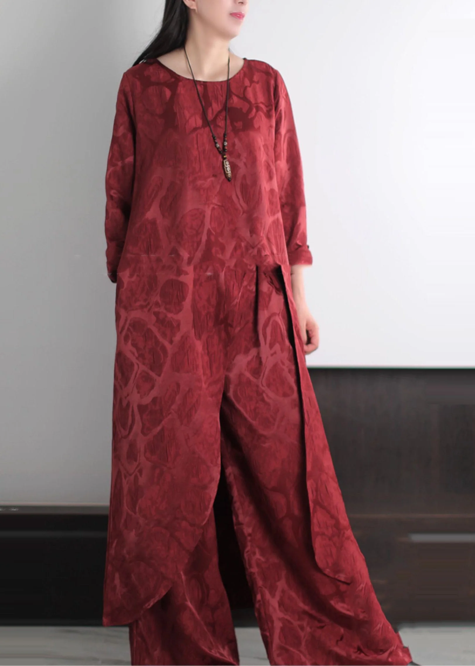 Fine Red Asymmetrical Jacquard Silk Two Pieces Set Spring - Image 3