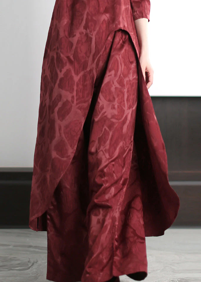 Fine Red Asymmetrical Jacquard Silk Two Pieces Set Spring - Image 4