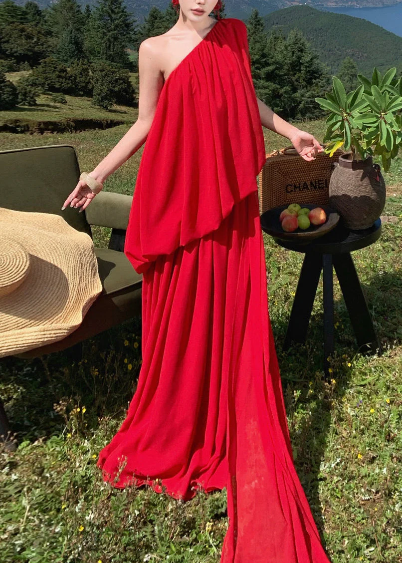 Fine Red Asymmetrical One Shoulder Solid Long Dress Sleeveless - Image 2