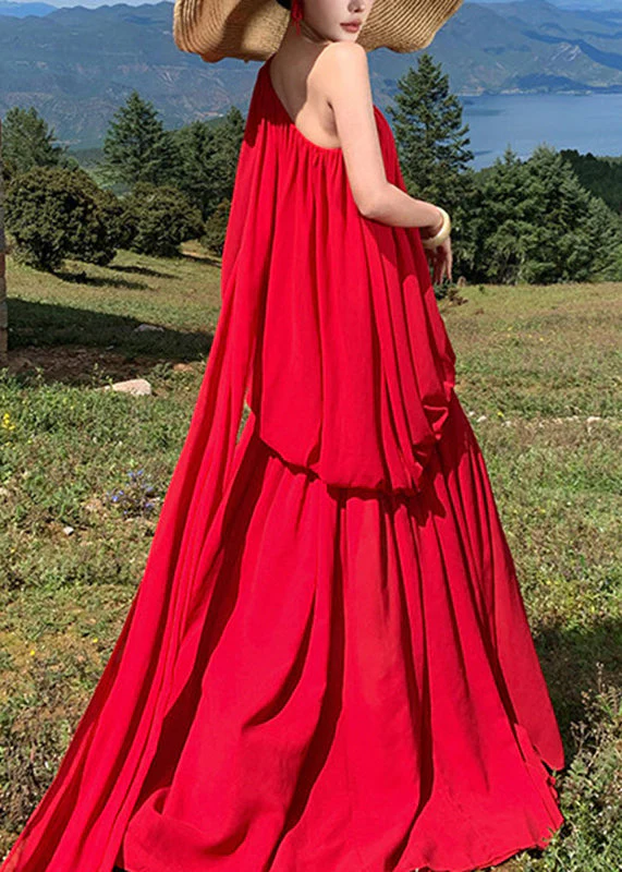 Fine Red Asymmetrical One Shoulder Solid Long Dress Sleeveless - Image 3