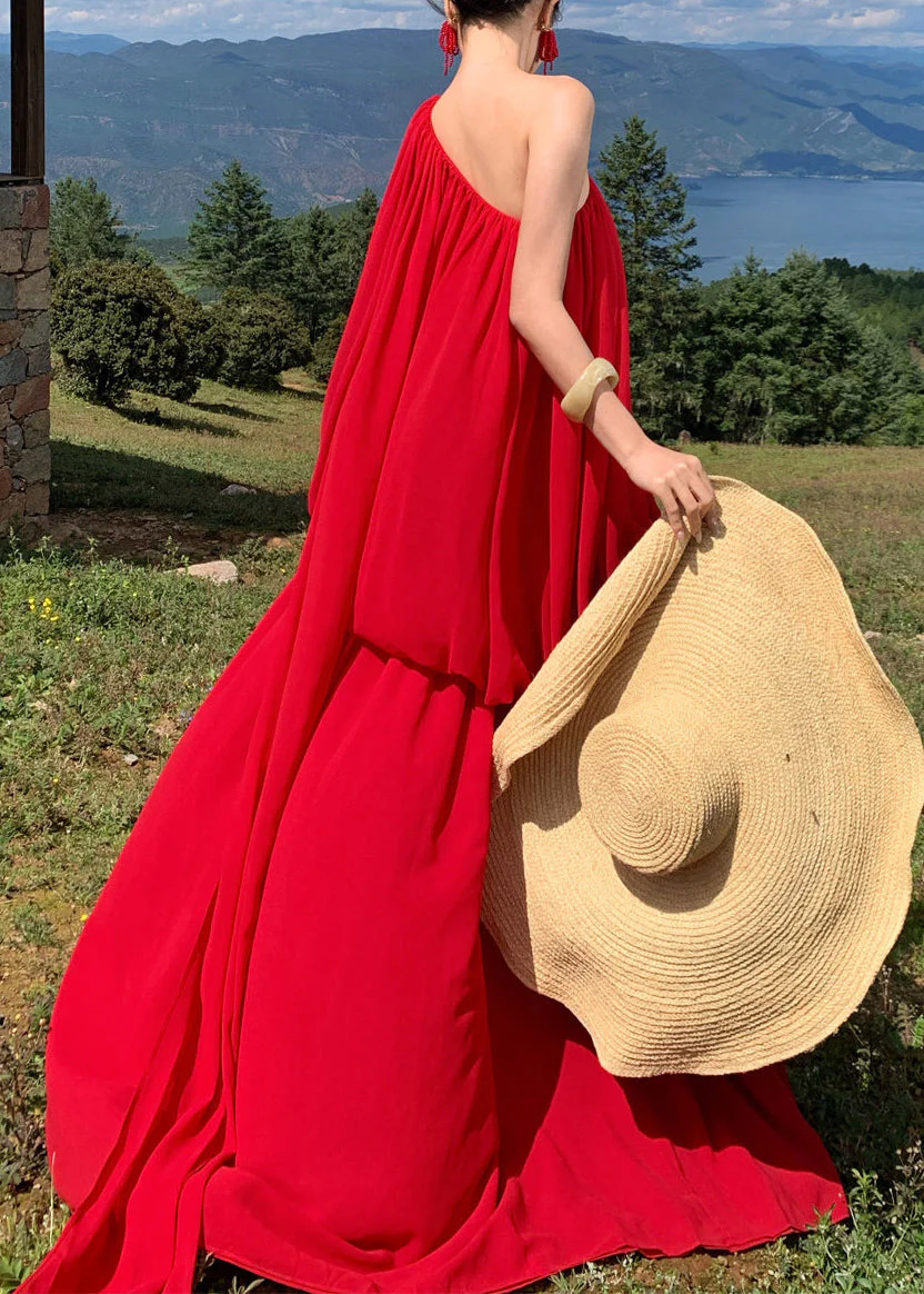 Fine Red Asymmetrical One Shoulder Solid Long Dress Sleeveless - Image 4