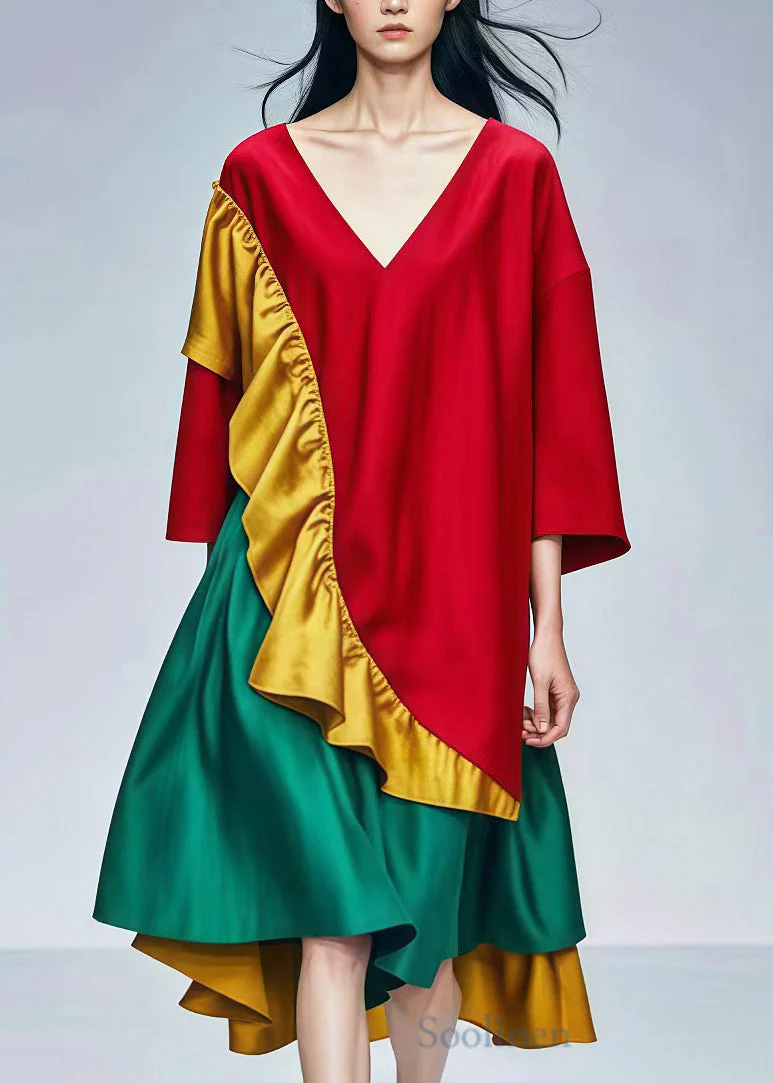 Fine Red Asymmetrical Ruffles Cotton Dress Summer - Image 2