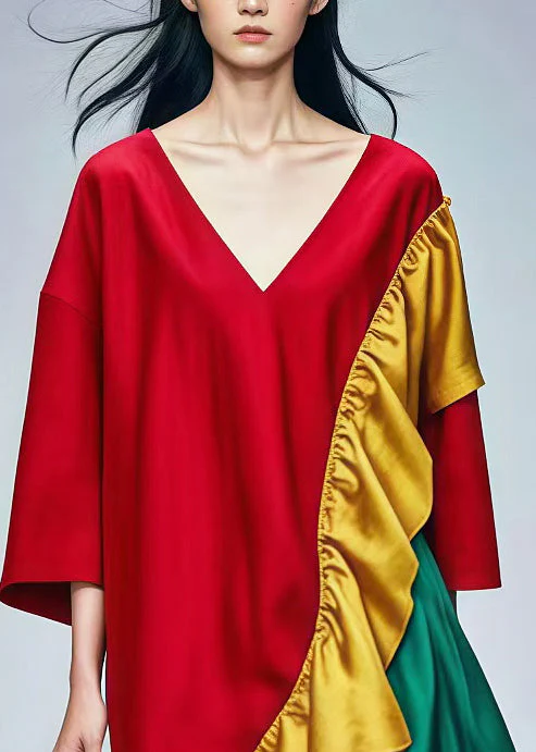 Fine Red Asymmetrical Ruffles Cotton Dress Summer - Image 3
