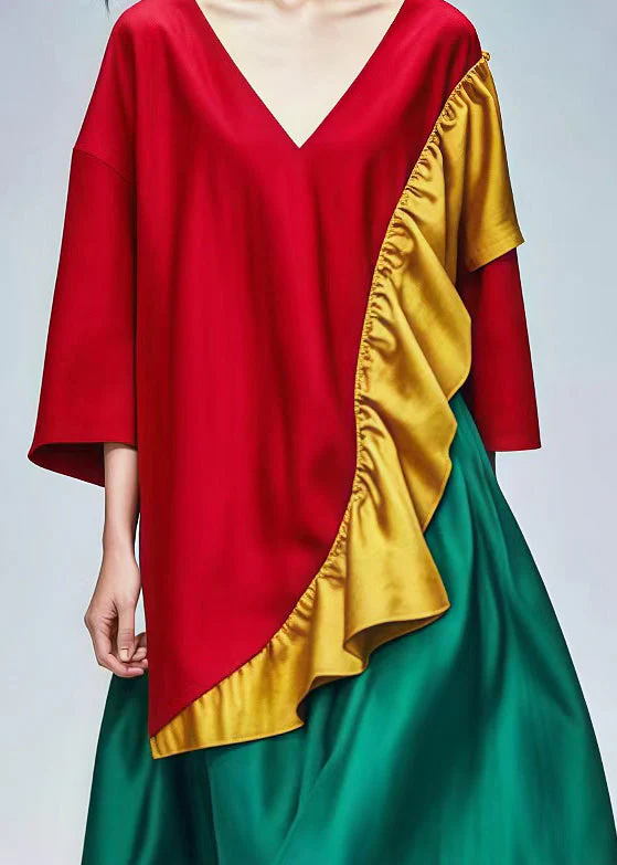 Fine Red Asymmetrical Ruffles Cotton Dress Summer - Image 4