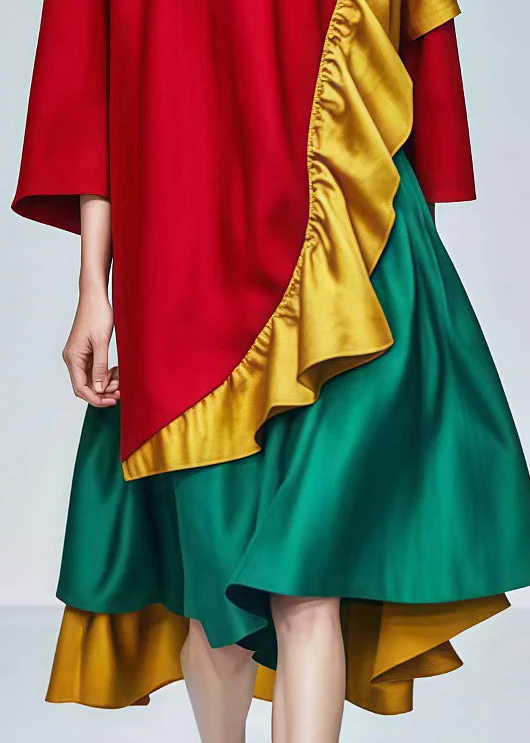 Fine Red Asymmetrical Ruffles Cotton Dress Summer - Image 5