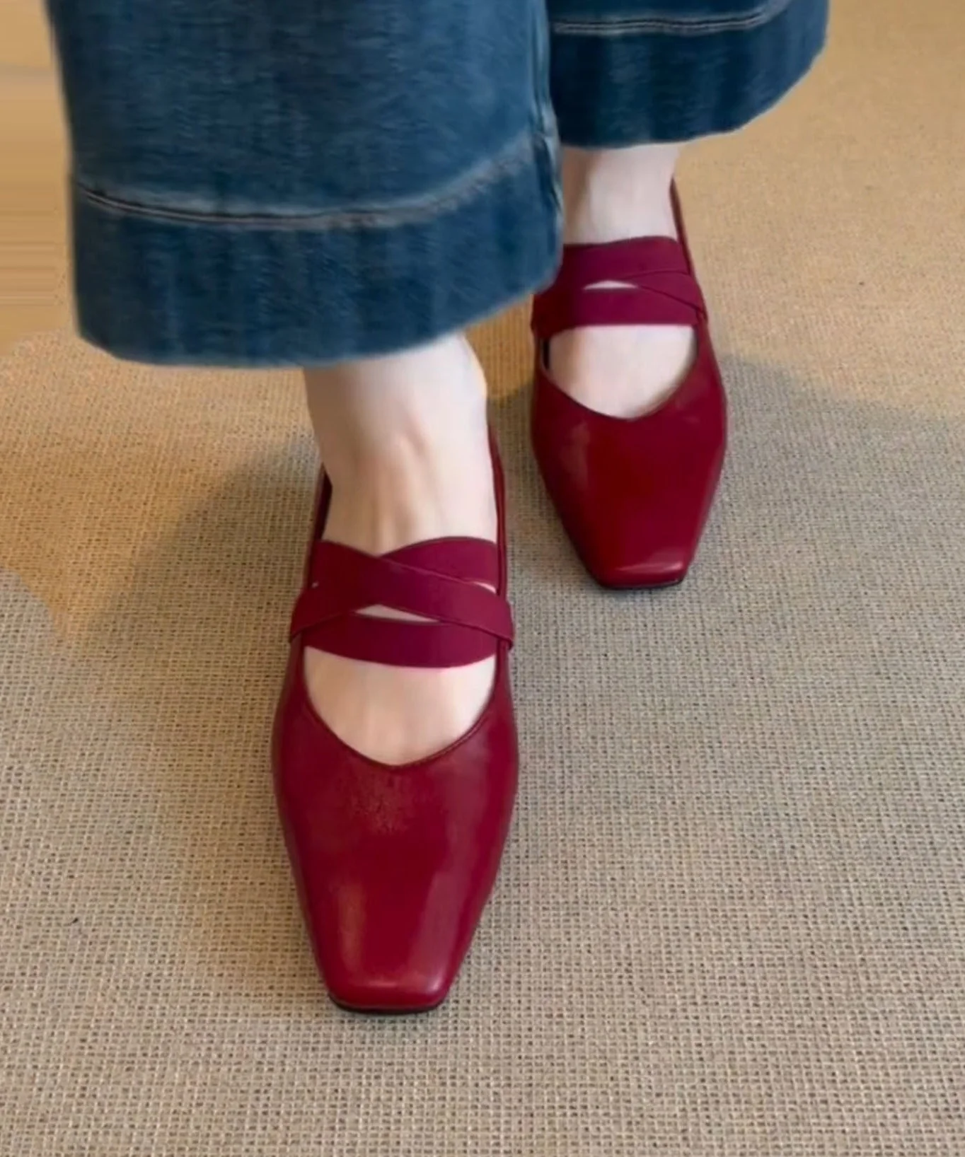 Fine Red Genuine Leather High Heels Lace Up High Heels - Image 2