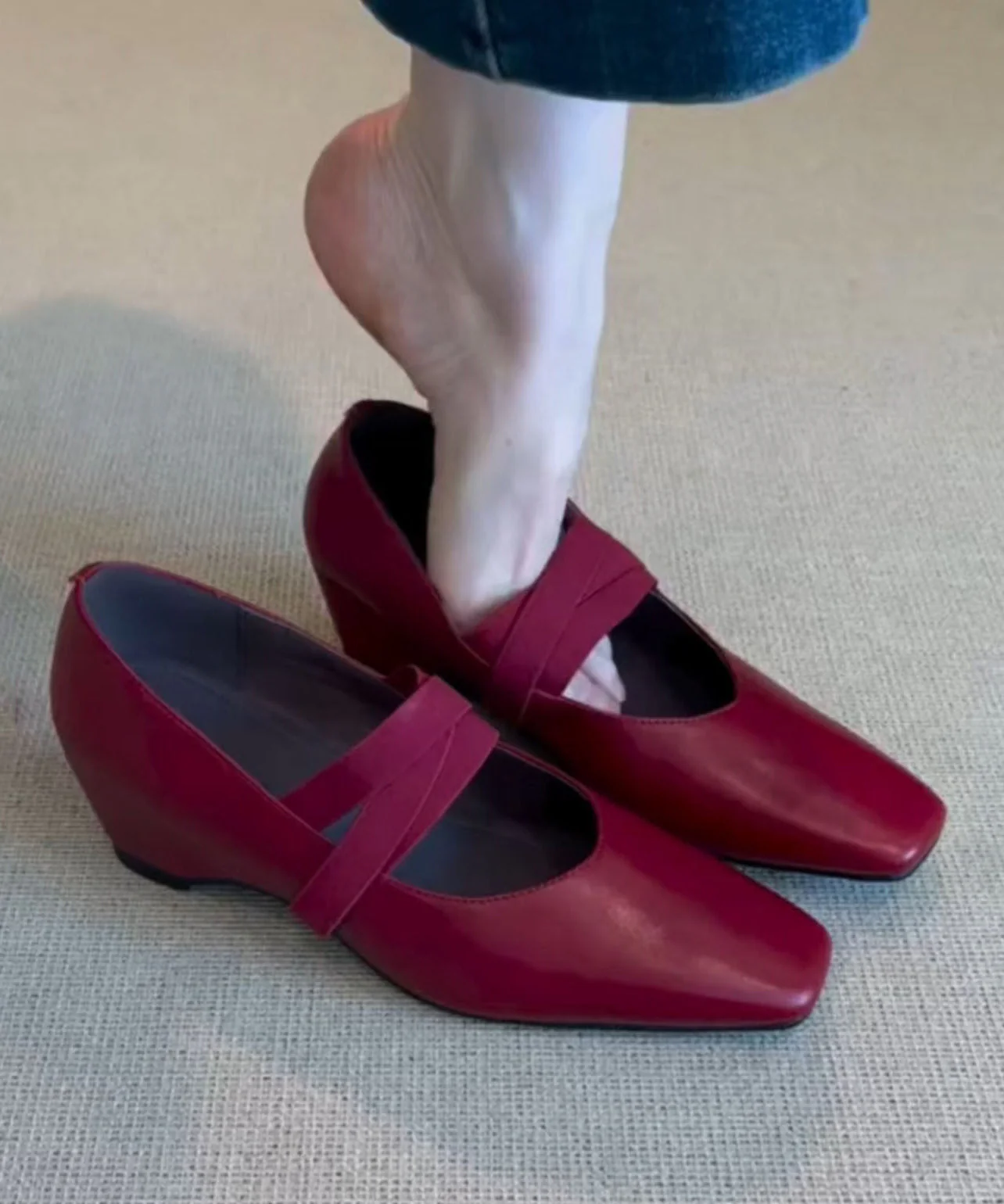 Fine Red Genuine Leather High Heels Lace Up High Heels - Image 5